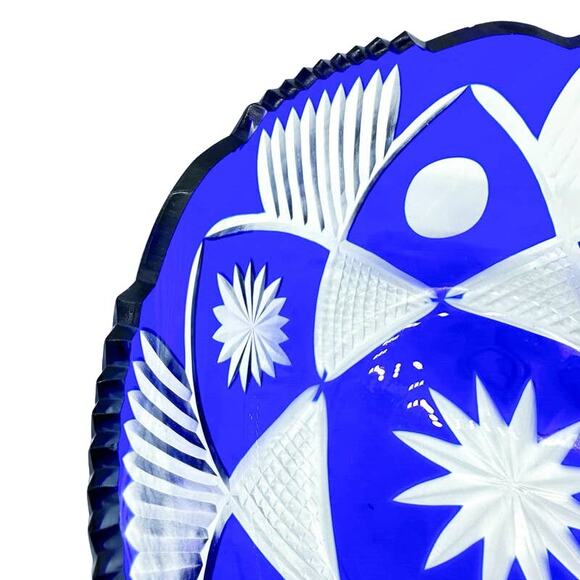 Cobalt Blue Crystal Cut to Clear Bowl with Scallop and Sawtooth Rim ~7.5" Diam - Picture 5 of 13